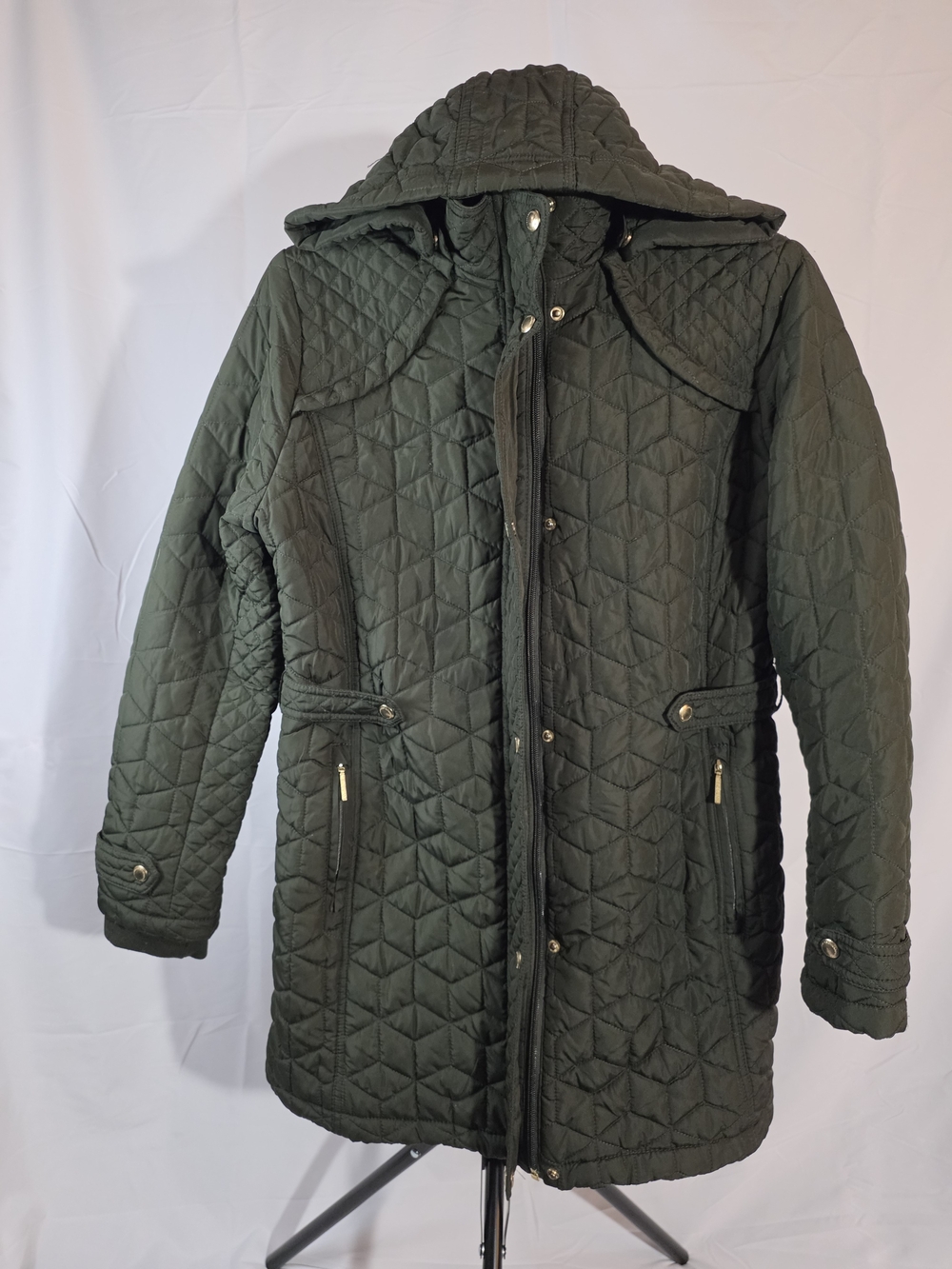 Weatherproof Women’s Large Quilted Hooded Parka Jacket Olive Green Floral Lining